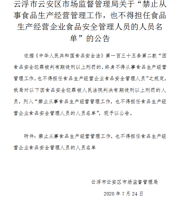 云浮市云安区市场监督管理局关于“禁止从事食品生产经营管理工作，也不得担任食品生产经营企业食品安全管理人员的人员名单”的公告.png